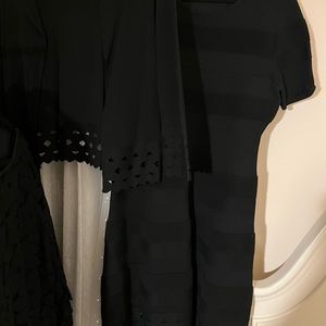 Saks Fifth Avenue stretch cardigan with black dress. 💫